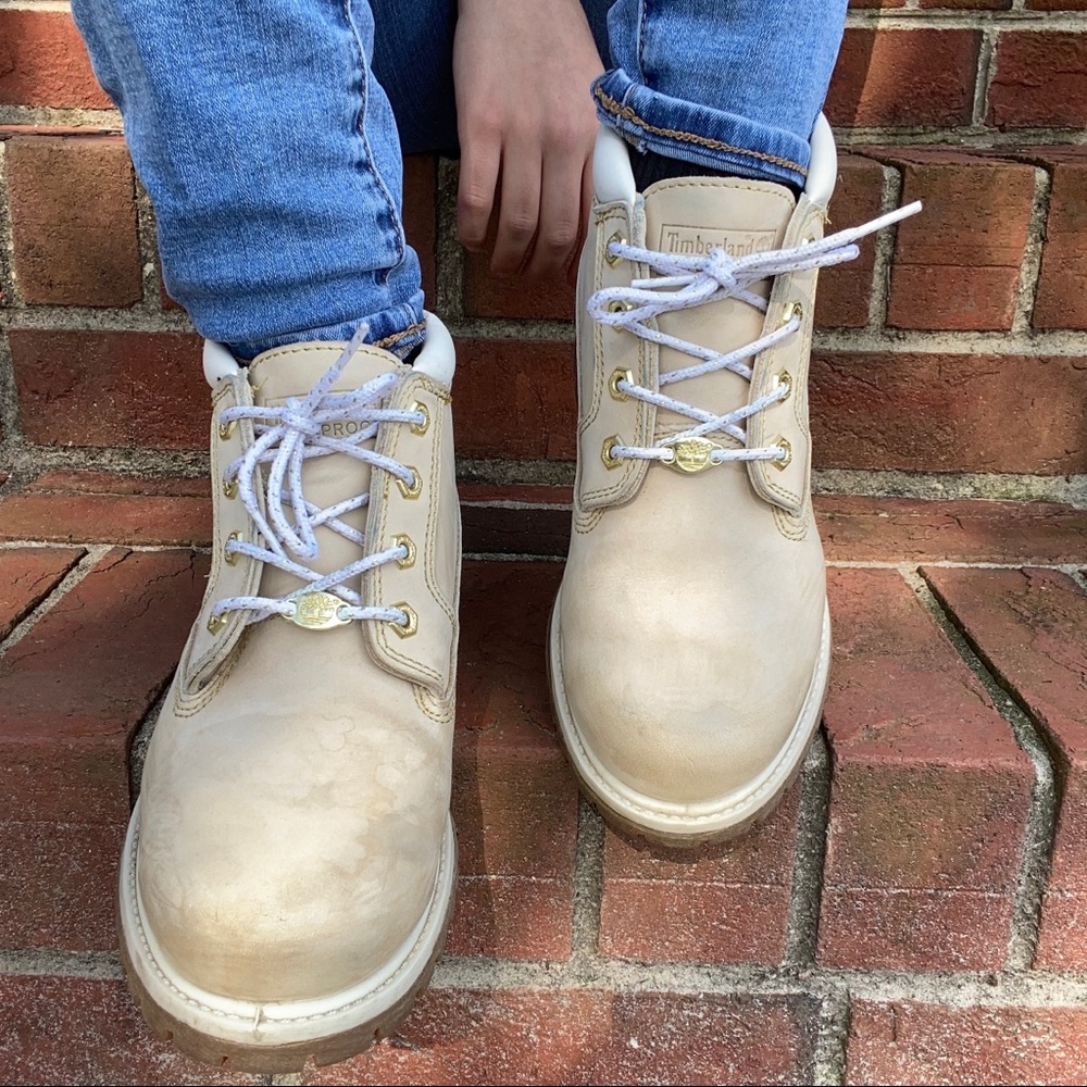 Beige Women’s Timberlands with Gold Detail